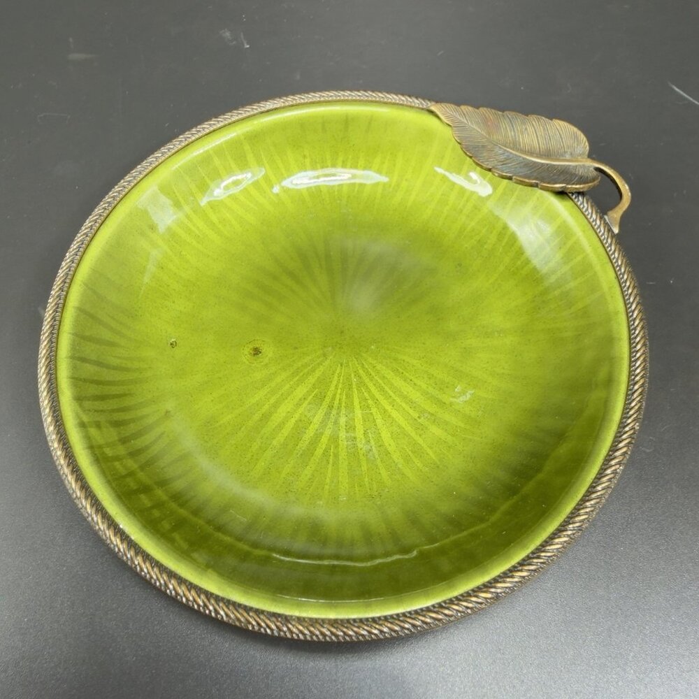 Evans Hand Enameled Copper Metal Green Dish Brass Trim Leave 4.5inch Plate‎ Dish
